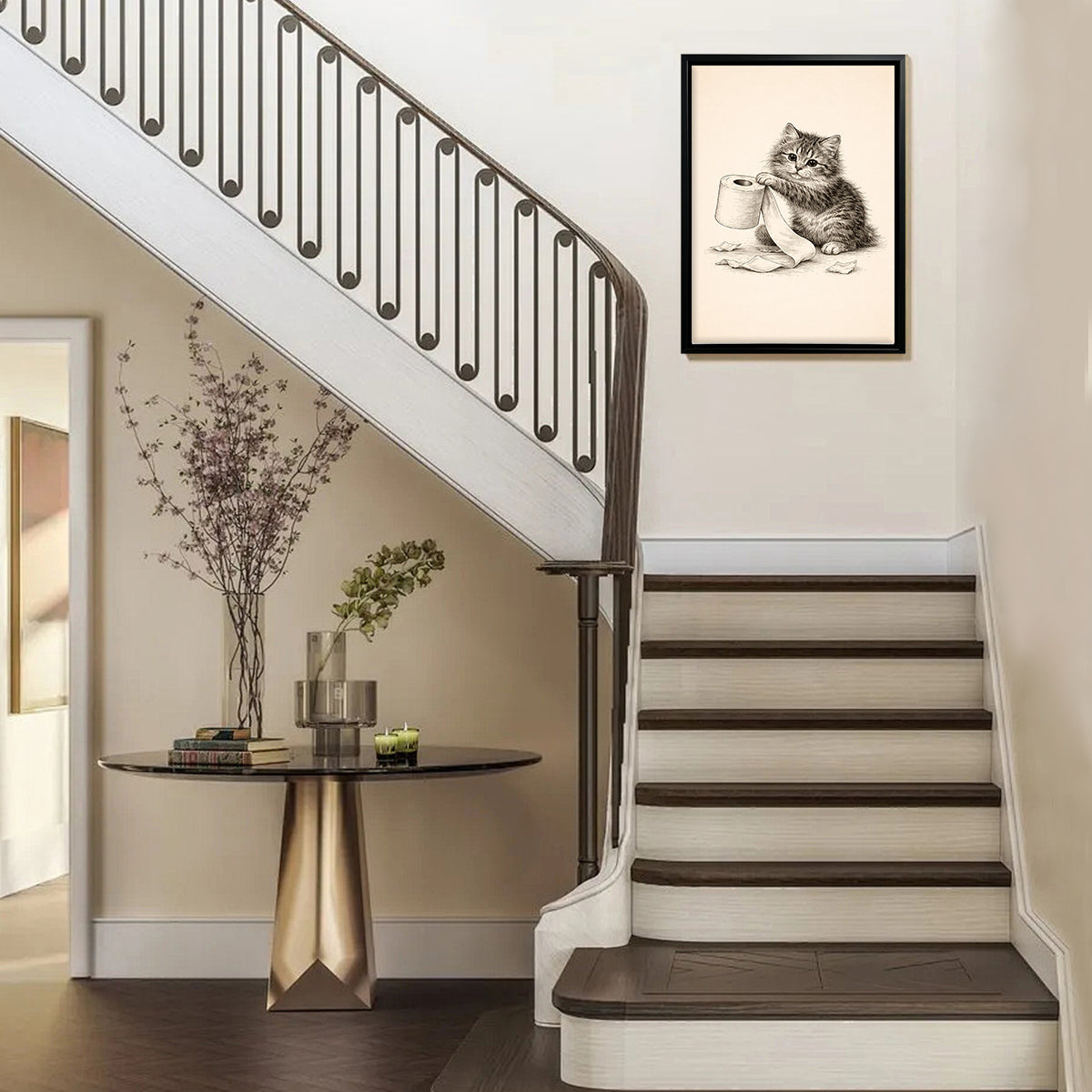 Framed Kitten Toilet Paper Art Print, Vintage Style, High-Quality Giclee, Perfect for Home Decor in Any Room