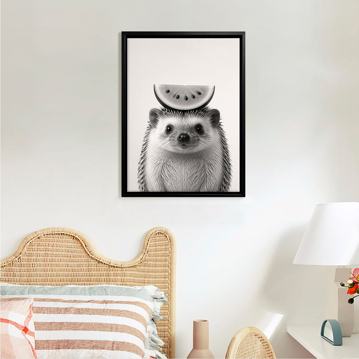 Framed Hedgehog with Watermelon Slice Art Print, Black and White Nordic Style, High-Quality Matte Finish for Home Decor