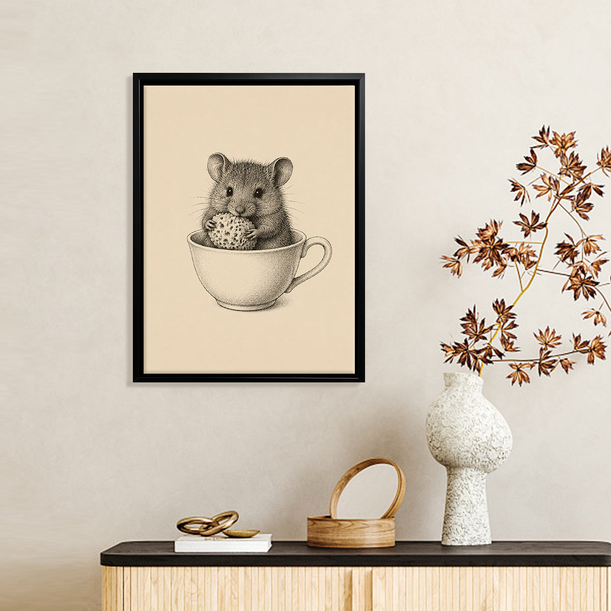 Framed Art Print of Mouse in Teacup, Vintage Style, High-Quality Giclee on Canvas, Perfect for Home Decor or Gift