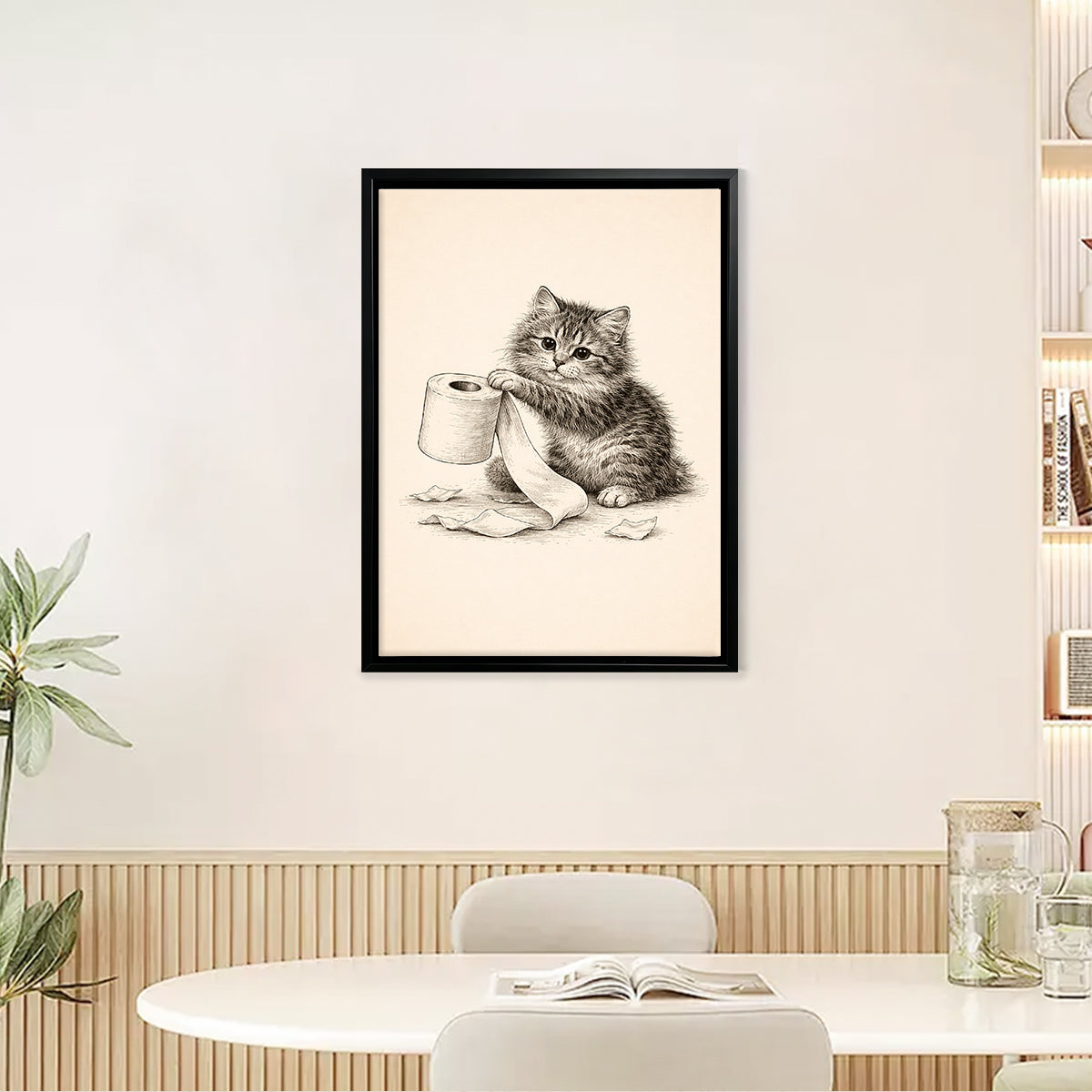 Framed Kitten Toilet Paper Art Print, Vintage Style, High-Quality Giclee, Perfect for Home Decor in Any Room