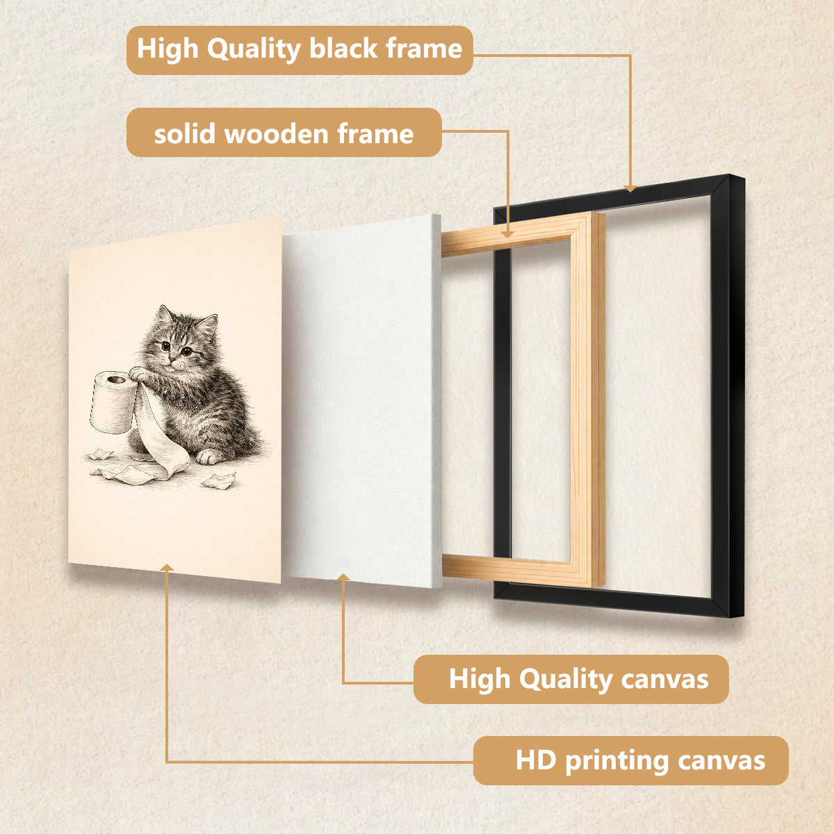 Framed Kitten Toilet Paper Art Print, Vintage Style, High-Quality Giclee, Perfect for Home Decor in Any Room