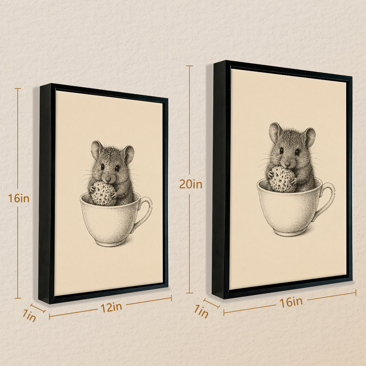 Framed Art Print of Mouse in Teacup, Vintage Style, High-Quality Giclee on Canvas, Perfect for Home Decor or Gift