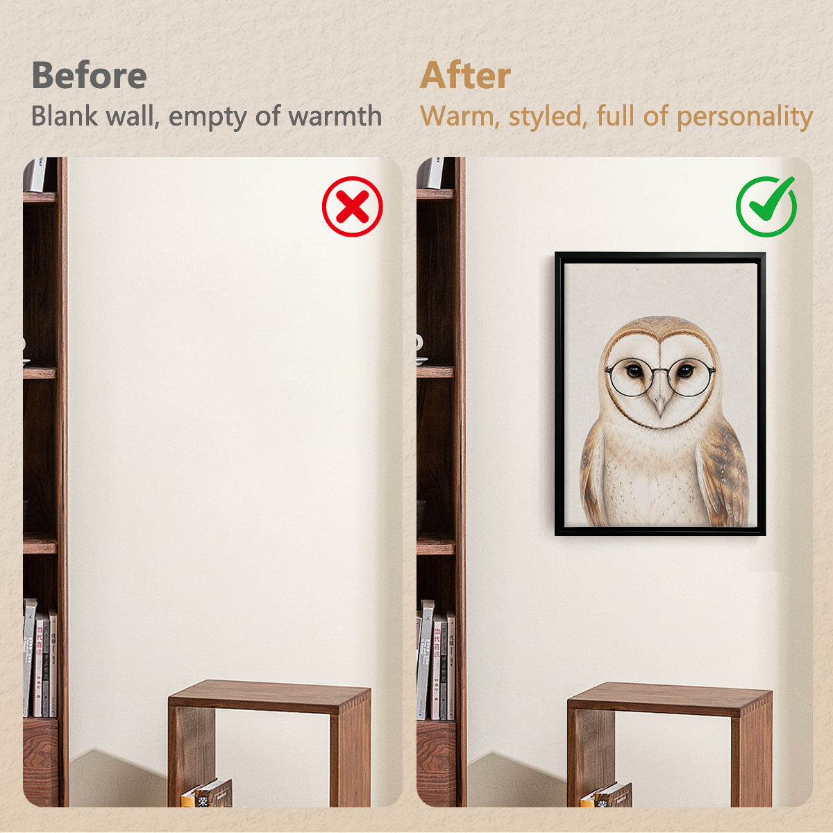 Framed Barn Owl Art Print with Glasses, Vintage Style, High-Quality Canvas, Perfect Home Decor for Any Room