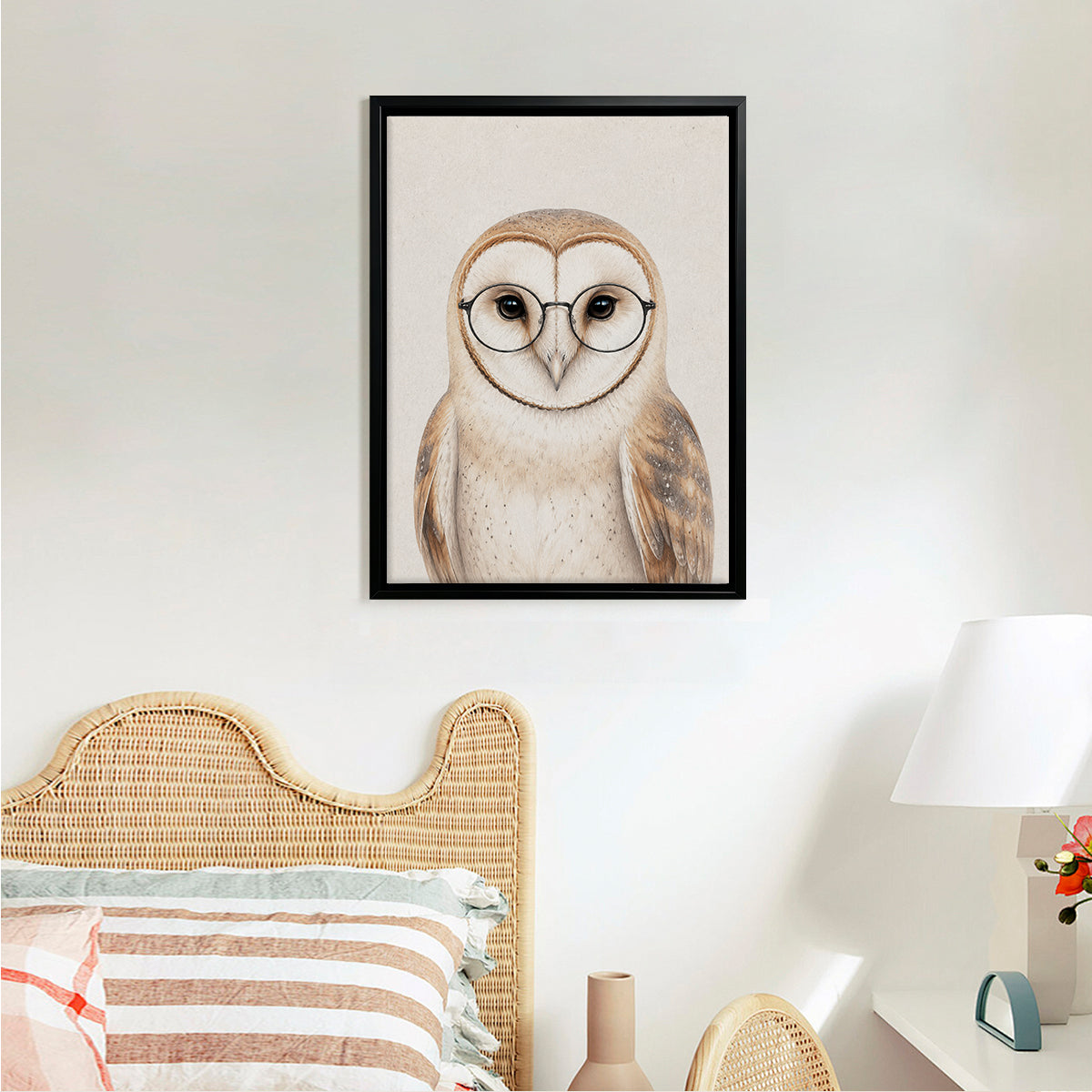 Framed Barn Owl Art Print with Glasses, Vintage Style, High-Quality Canvas, Perfect Home Decor for Any Room