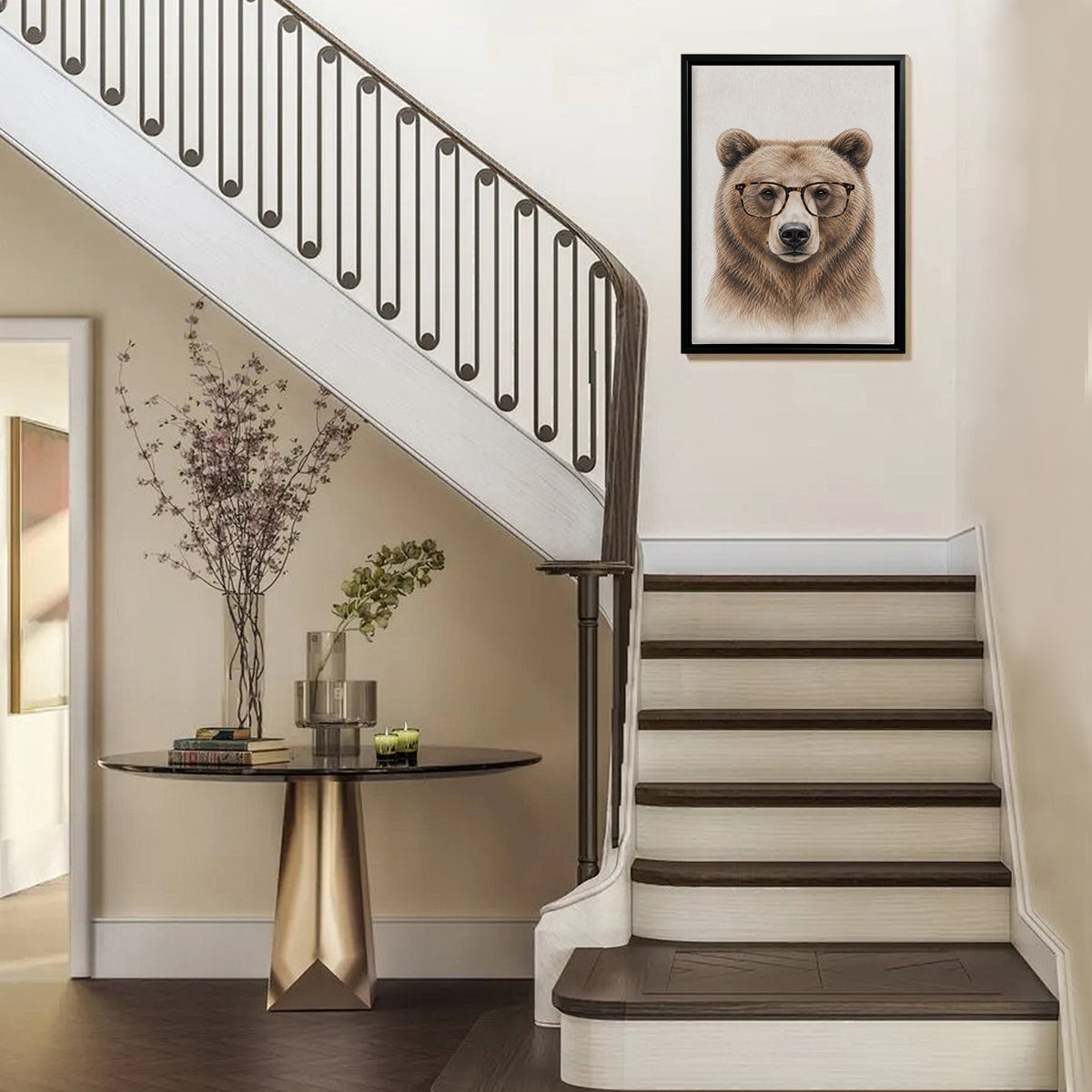 Framed Art Print of a Bear Wearing Glasses, Modern Wildlife Portrait, High-Quality Matte Finish, Perfect Home Decor for Any Room