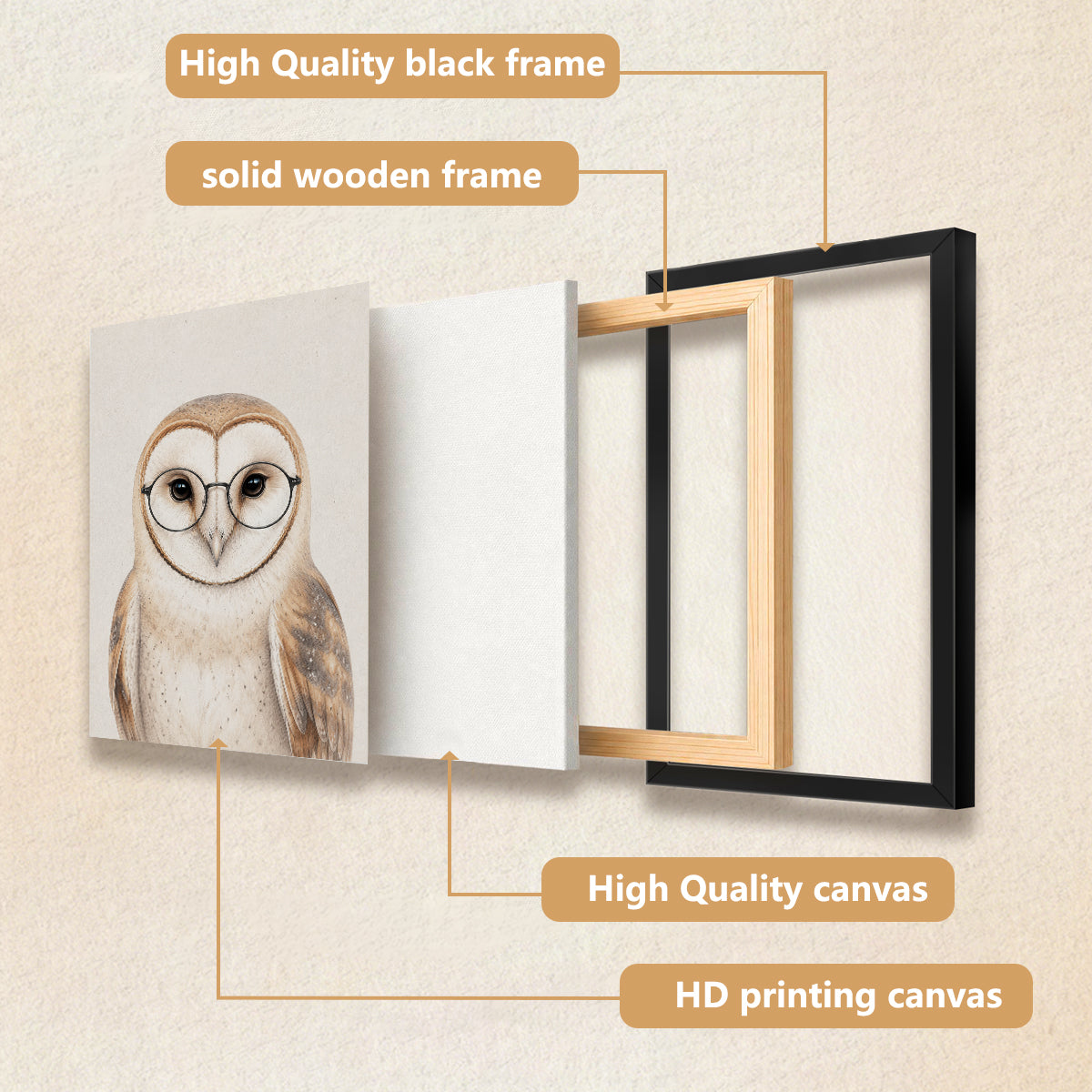 Framed Barn Owl Art Print with Glasses, Vintage Style, High-Quality Canvas, Perfect Home Decor for Any Room