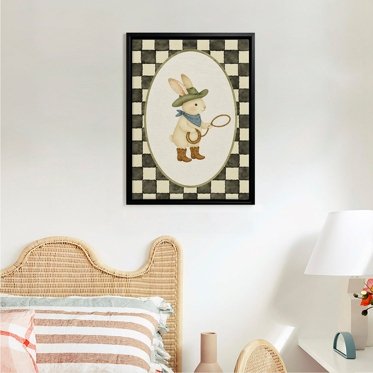 Framed Western Cowboy Rabbit Art Print, Vintage Style Canvas Painting for Home Decor