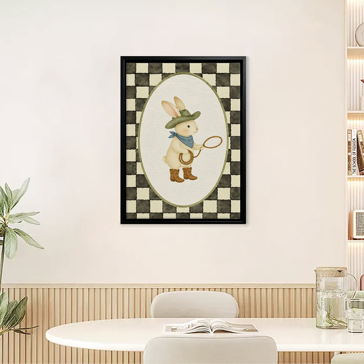 Framed Western Cowboy Rabbit Art Print, Vintage Style Canvas Painting for Home Decor