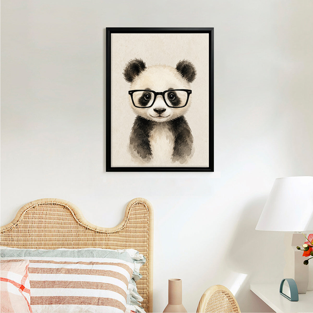 Framed Panda with Glasses Art Print, Watercolor Style, Perfect Home Decor for Living Room or Bedroom
