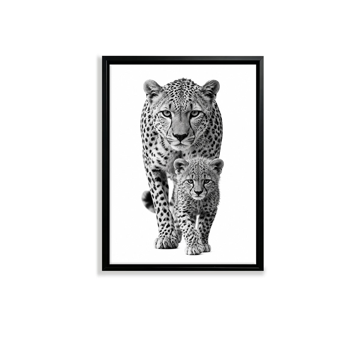 Framed Black and White Cheetah Poster with Cub, Modern Art Print for Home Decor, Elegant Wildlife Wall Art