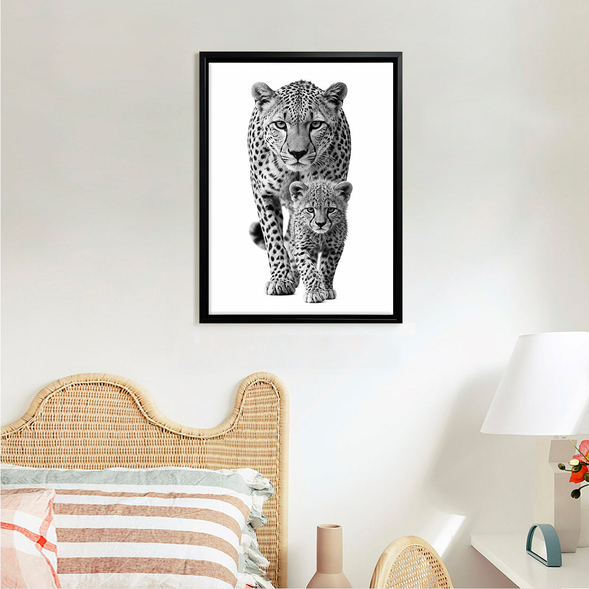 Framed Black and White Cheetah Poster with Cub, Modern Art Print for Home Decor, Elegant Wildlife Wall Art