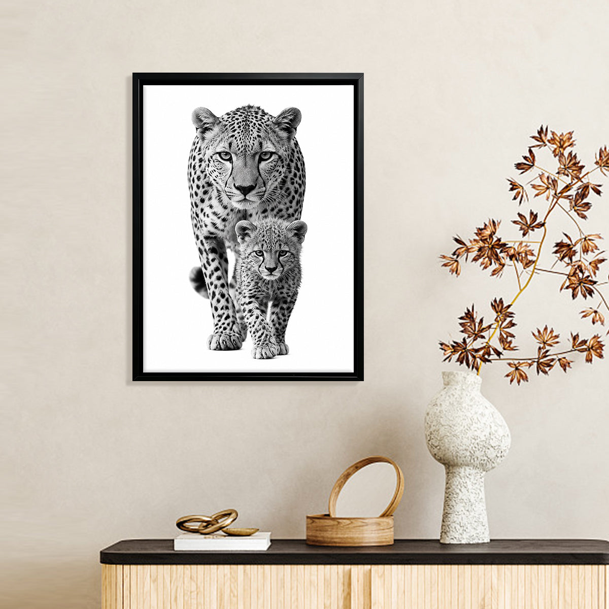 Framed Black and White Cheetah Poster with Cub, Modern Art Print for Home Decor, Elegant Wildlife Wall Art