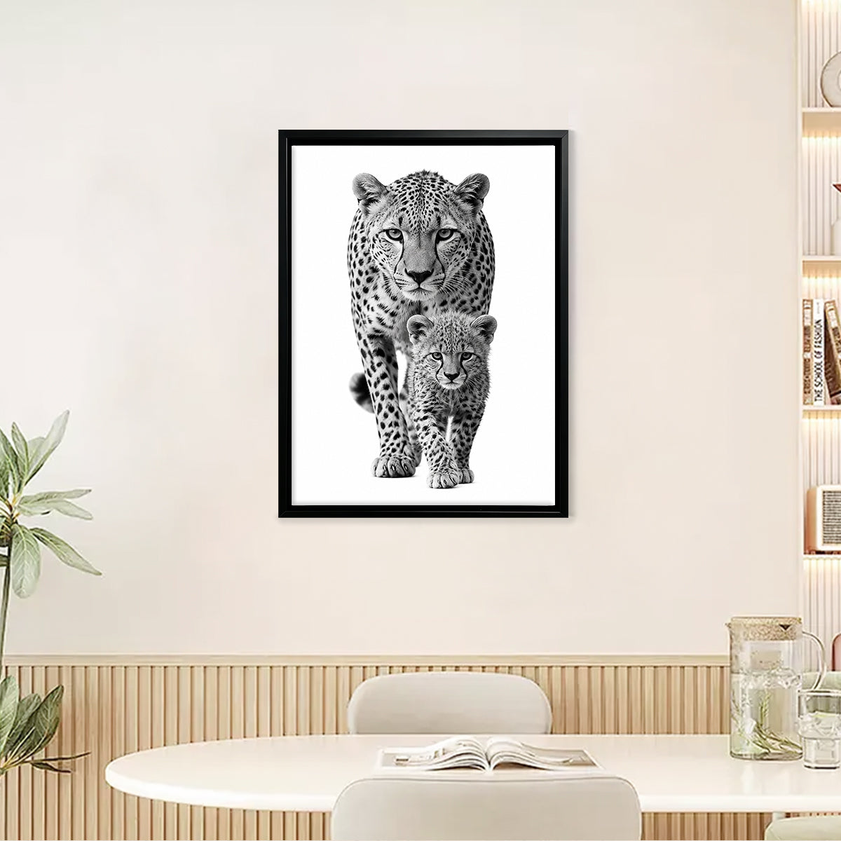 Framed Black and White Cheetah Poster with Cub, Modern Art Print for Home Decor, Elegant Wildlife Wall Art