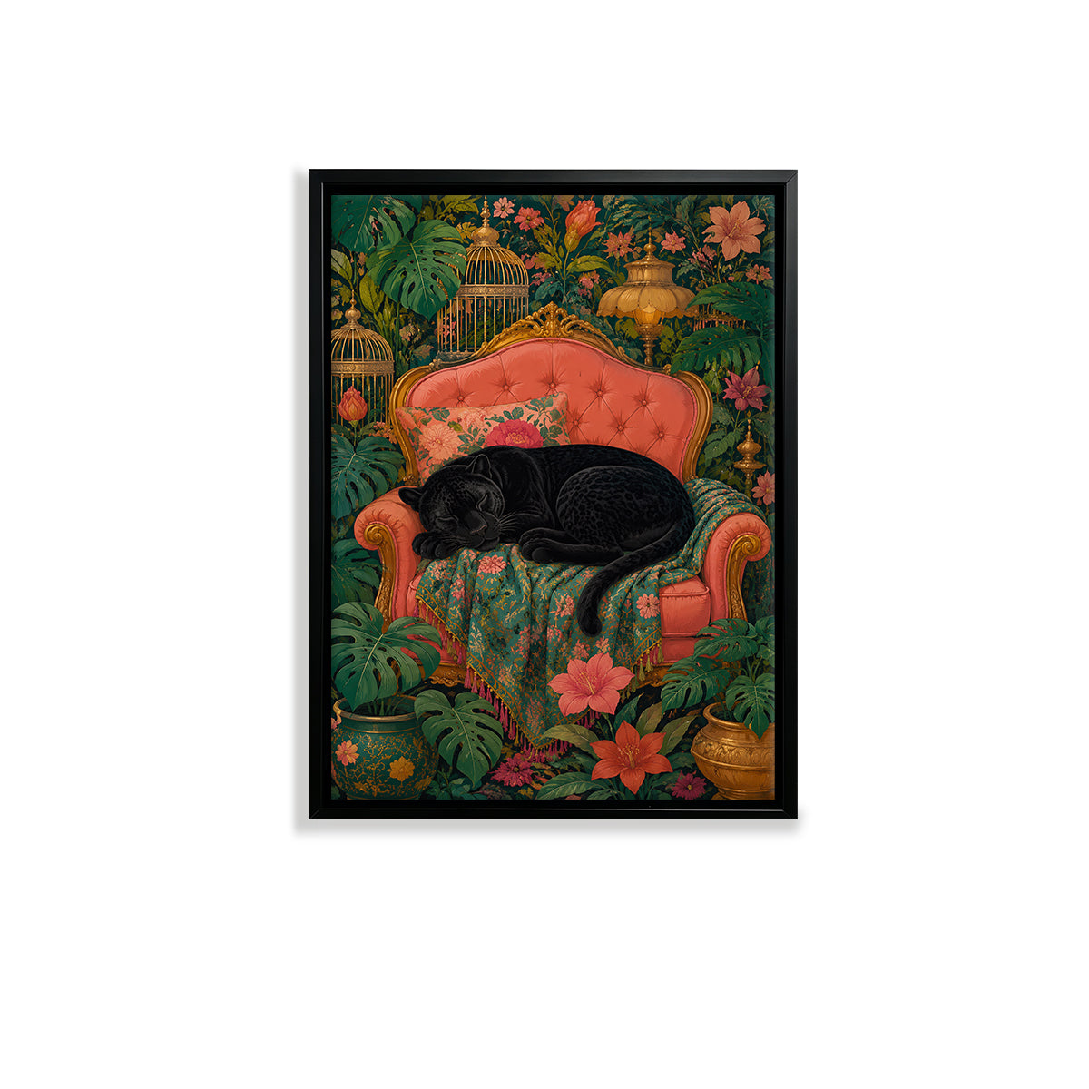 Framed Art Print of a Black Panther Resting on an Elegant Red Sofa Amidst Tropical Flowers and Greenery