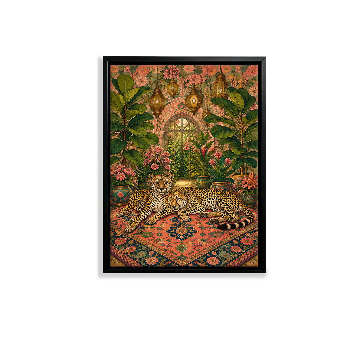 Framed Art Print Featuring Two Leopards in a Floral Oasis, Vintage Style, High-Quality Matte Finish, Perfect for Home Decor or Gift