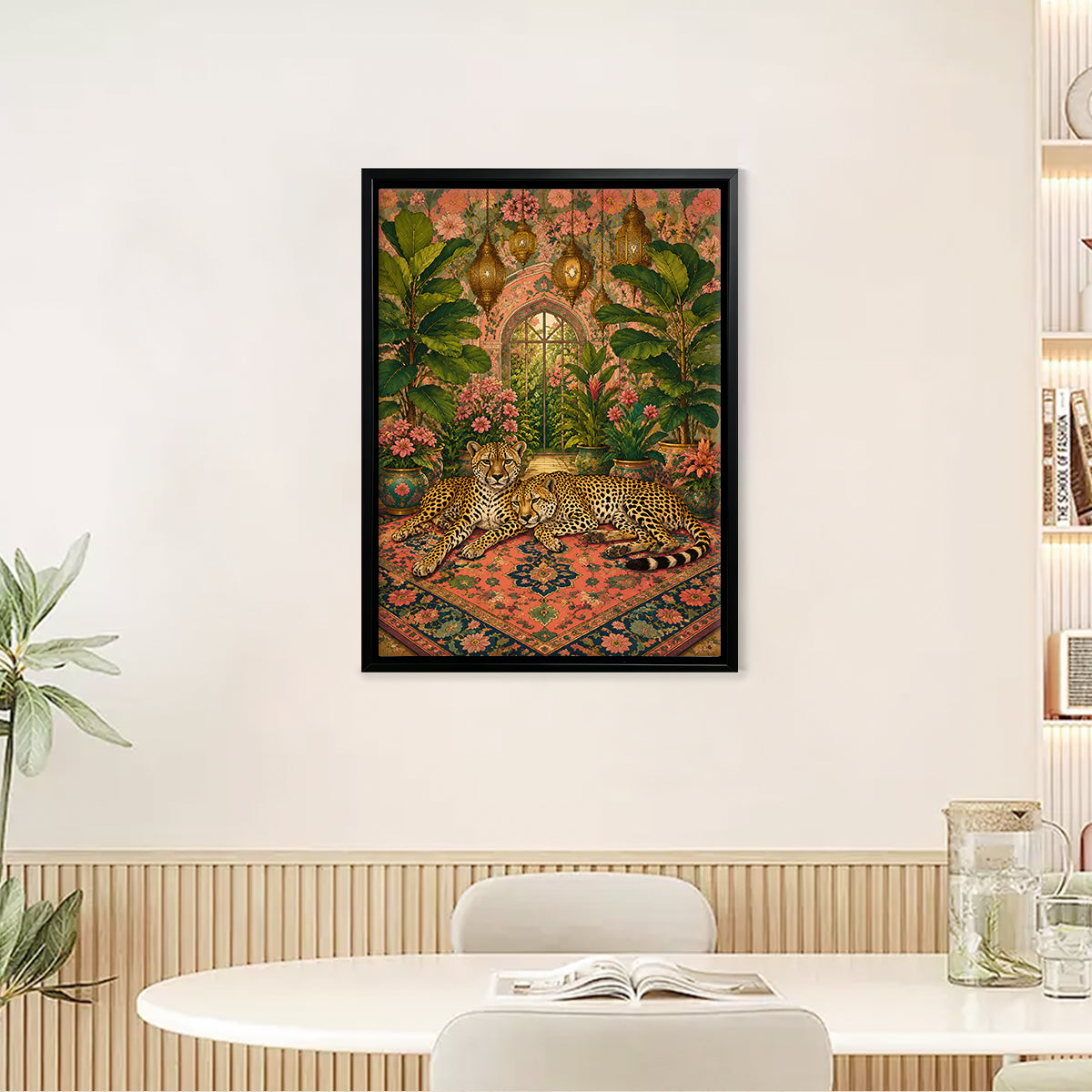 Framed Art Print Featuring Two Leopards in a Floral Oasis, Vintage Style, High-Quality Matte Finish, Perfect for Home Decor or Gift