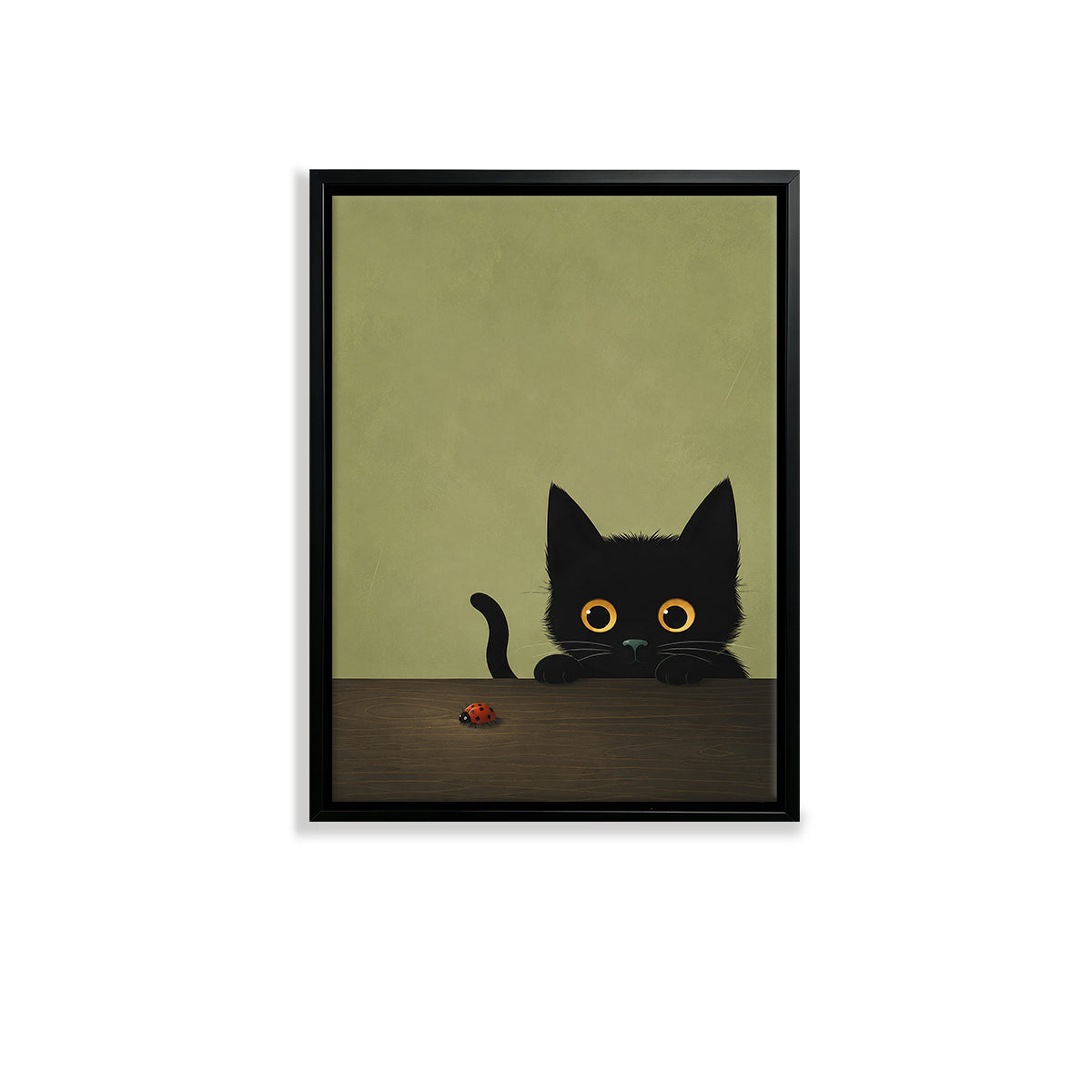 Framed Art Print of Black Cat with Ladybug, Modern Home Decor, High-Quality Matte Finish, Perfect for Living Room or Bedroom