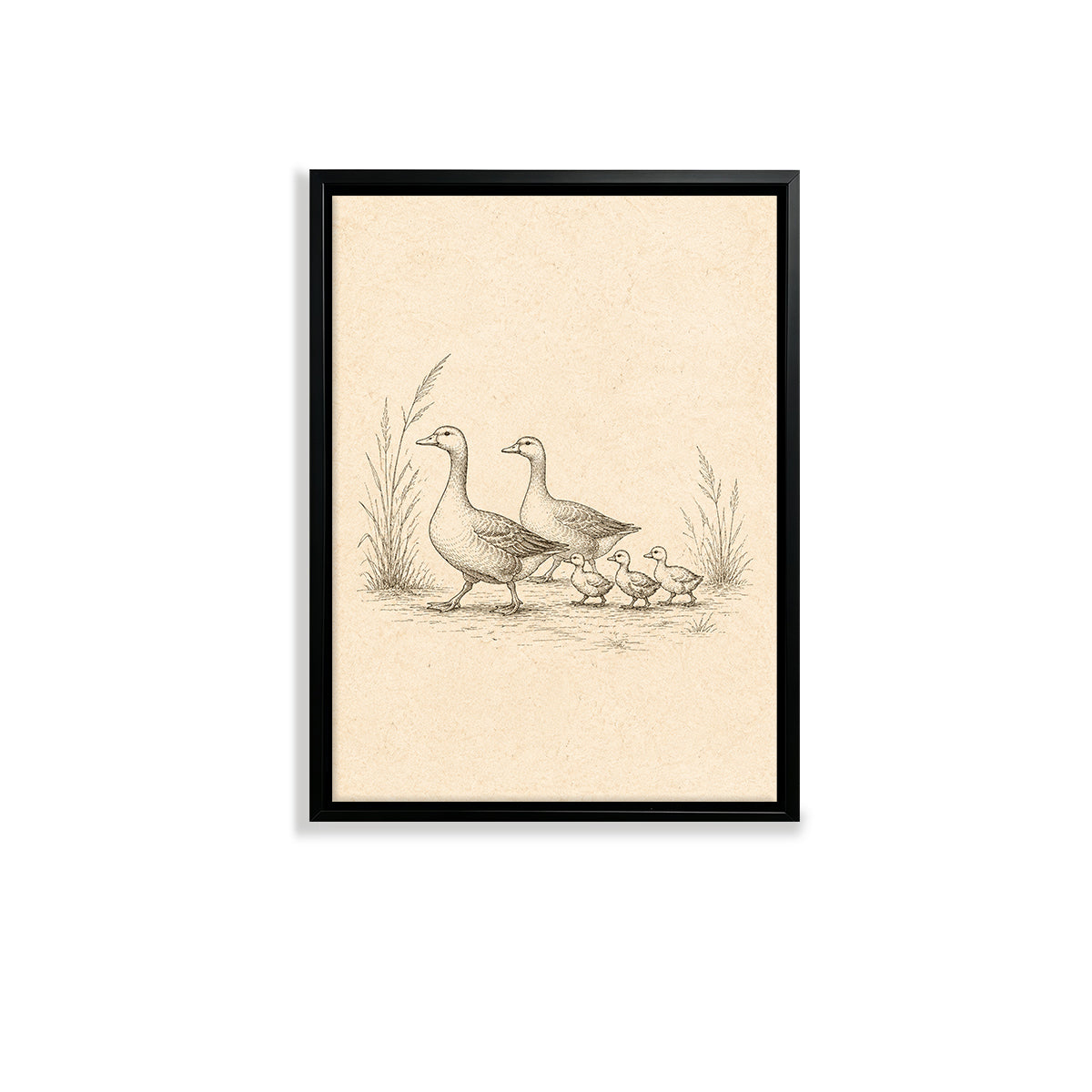 Framed Duck Family Illustration Print, Vintage Style, High-Quality Artwork, Perfect for Home Decor in Any Room