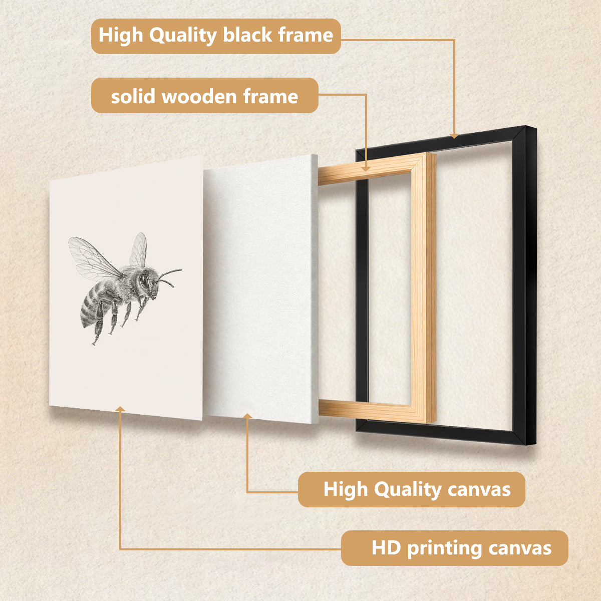 Framed Bee Illustration Art Print, Vintage Style, High-Quality Giclee, Perfect for Home Decor in Any Room