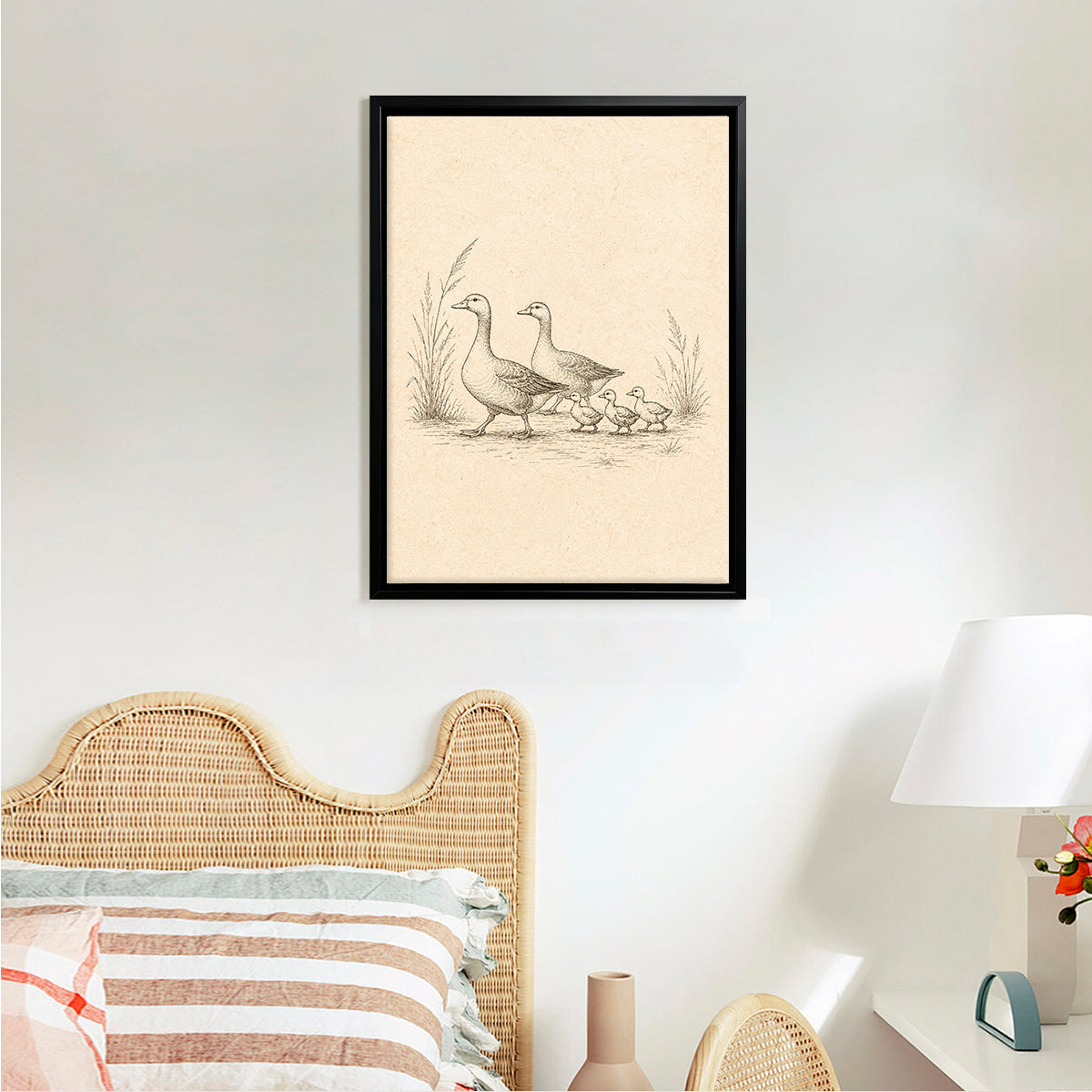 Framed Duck Family Illustration Print, Vintage Style, High-Quality Artwork, Perfect for Home Decor in Any Room