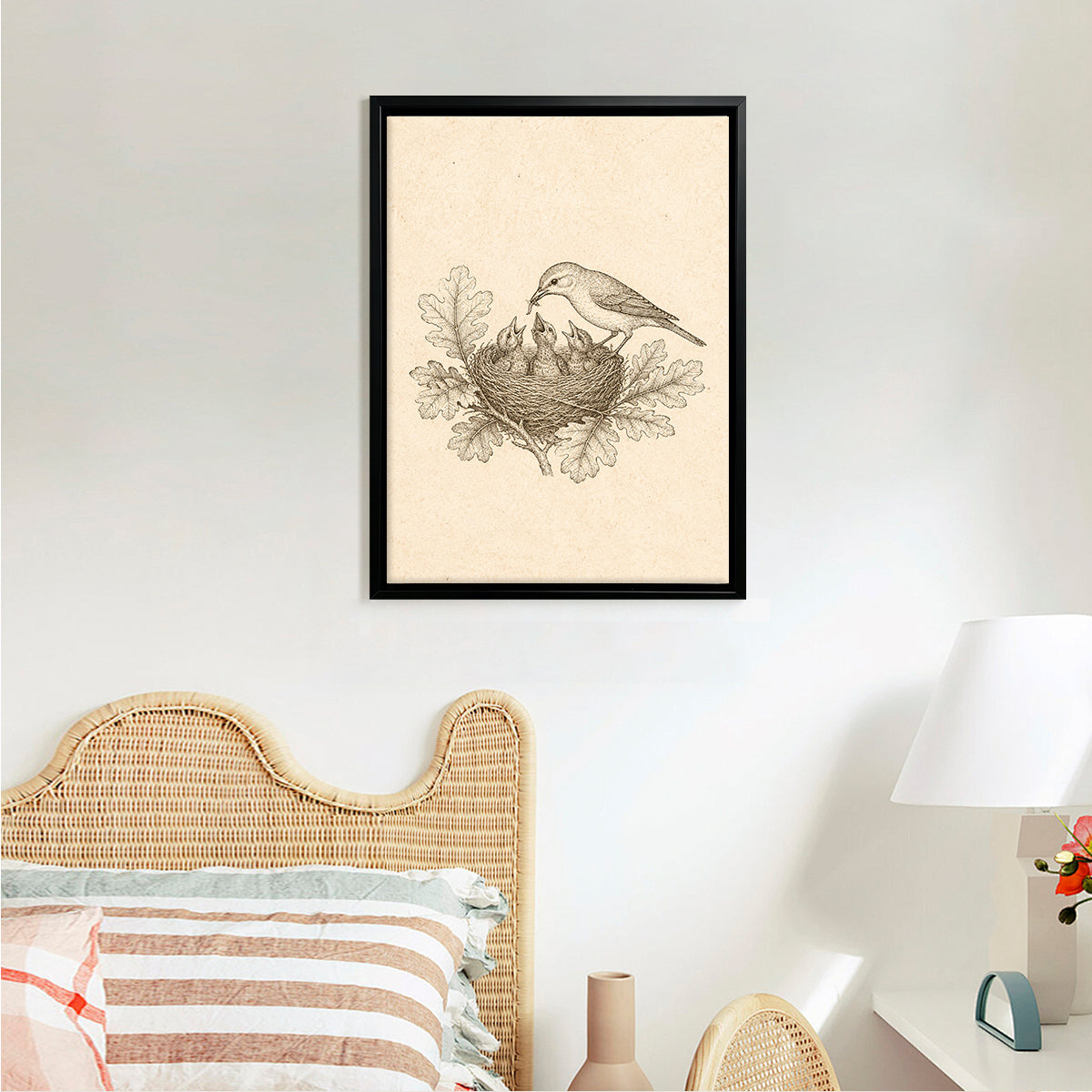 Framed Bird Nest Art Print with Chicks, Vintage Style, High-Quality Paper, Perfect Home Decor for Any Room