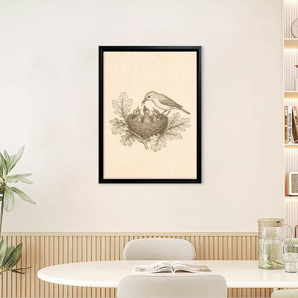 Framed Bird Nest Art Print with Chicks, Vintage Style, High-Quality Paper, Perfect Home Decor for Any Room
