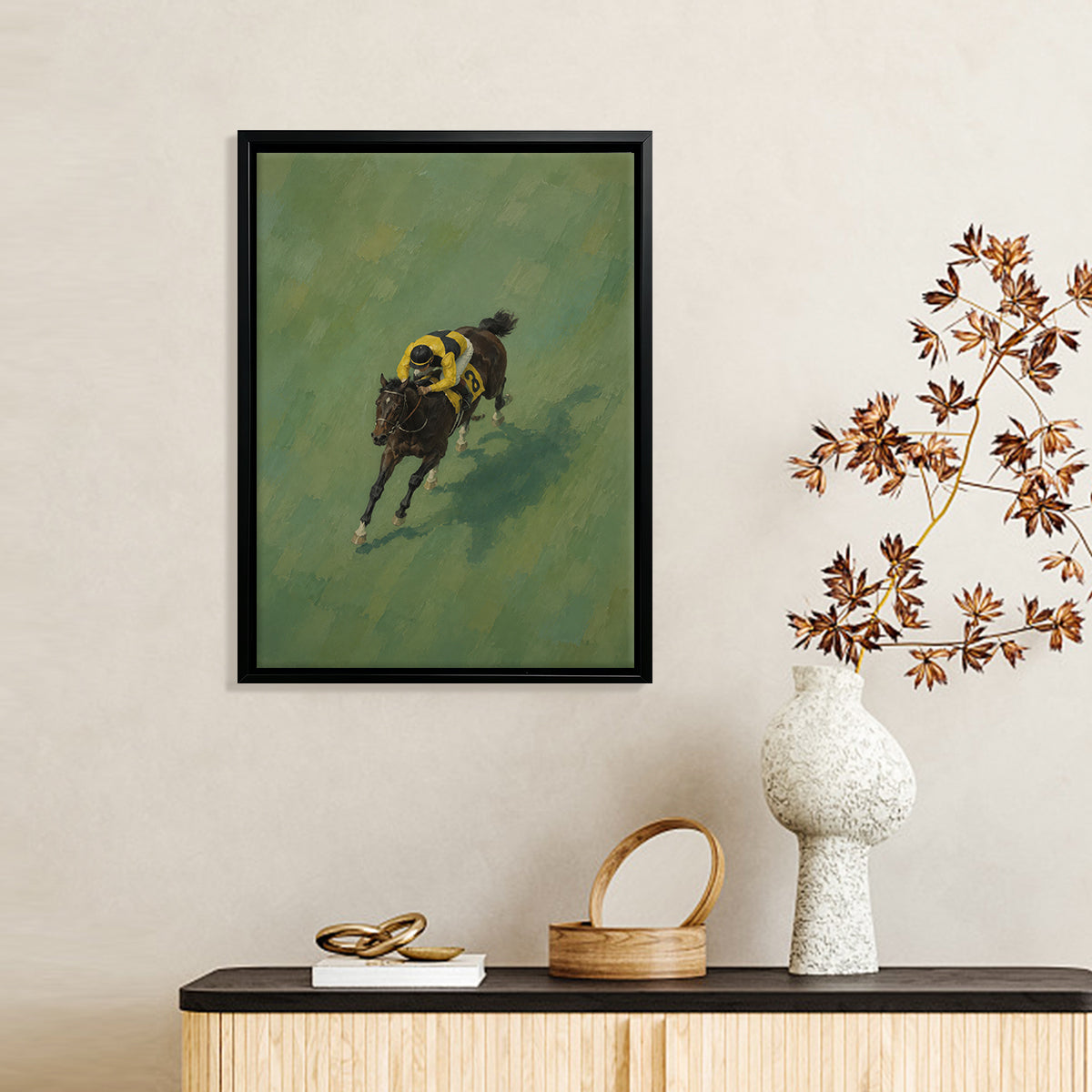 Framed Horse Racing Art Print Featuring Jockey on a Dark Bay Horse, Oil Painting Style, Perfect for Home or Office Decor