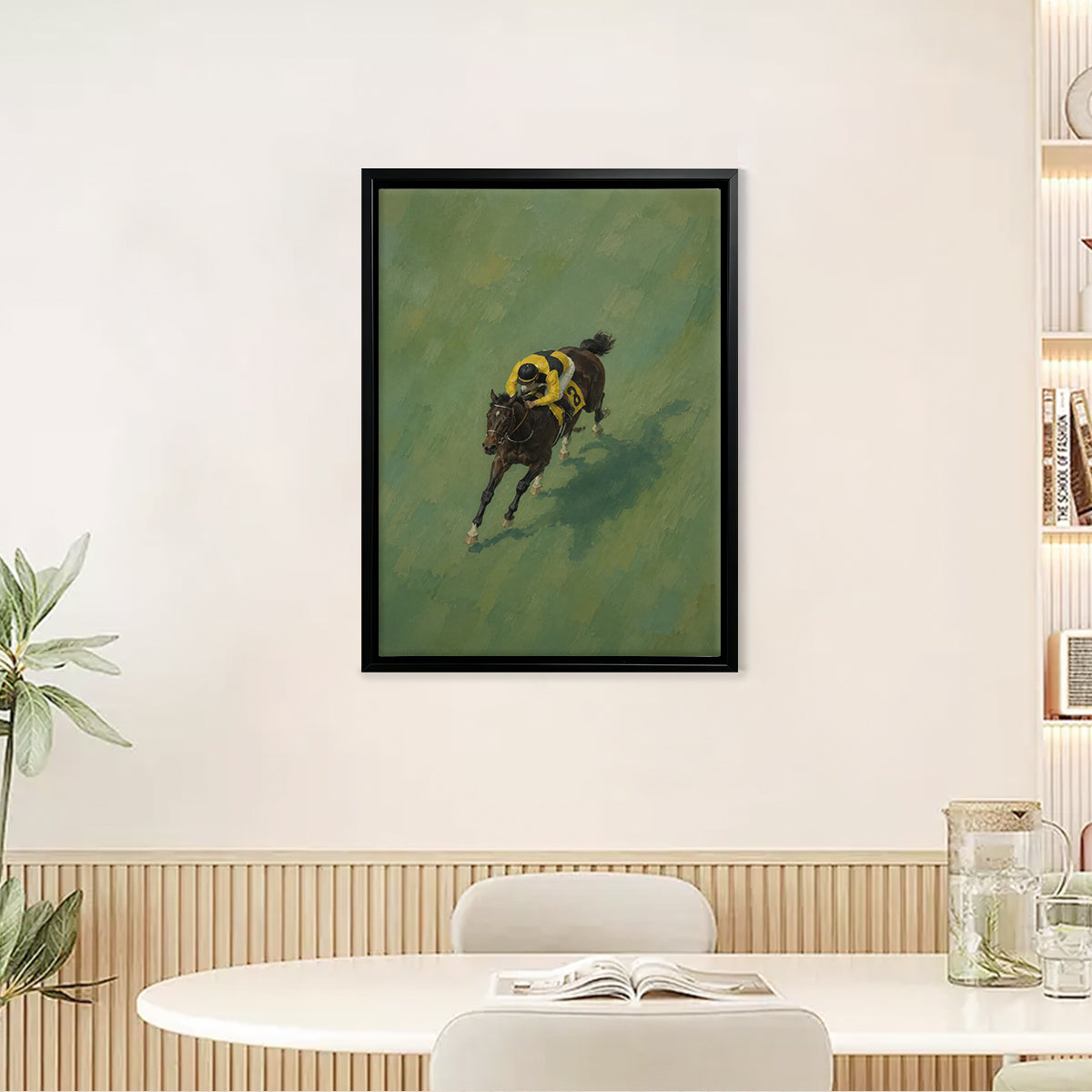 Framed Horse Racing Art Print Featuring Jockey on a Dark Bay Horse, Oil Painting Style, Perfect for Home or Office Decor