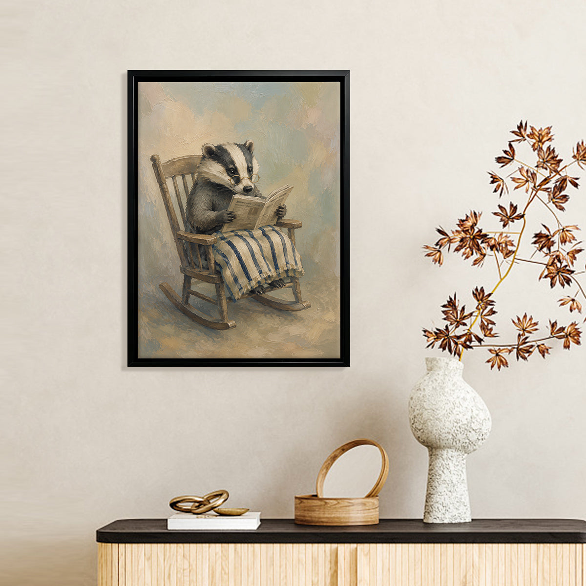 Framed Badger Reading Book Art Print, Vintage Style, High-Quality Canvas, Perfect Home Decor for Living Room or Bedroom
