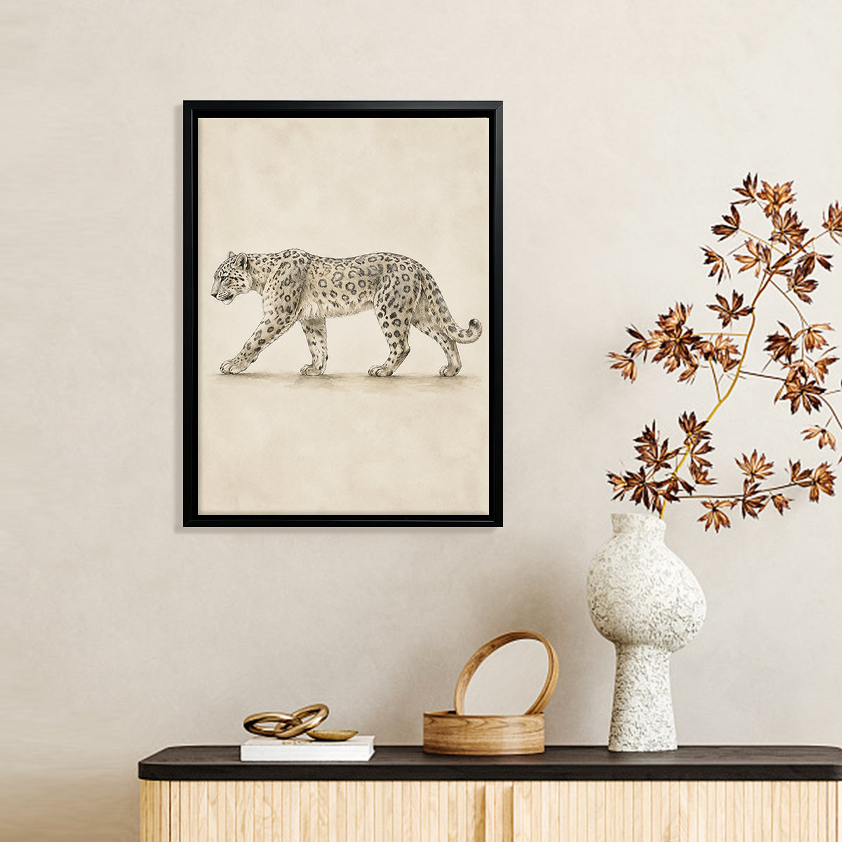Framed Snow Leopard Art Print, Vintage Style, High-Quality Giclee on Canvas, Perfect for Home Decor in Any Room