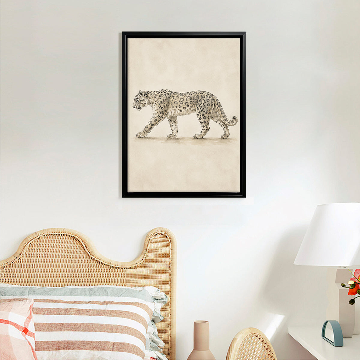 Framed Snow Leopard Art Print, Vintage Style, High-Quality Giclee on Canvas, Perfect for Home Decor in Any Room