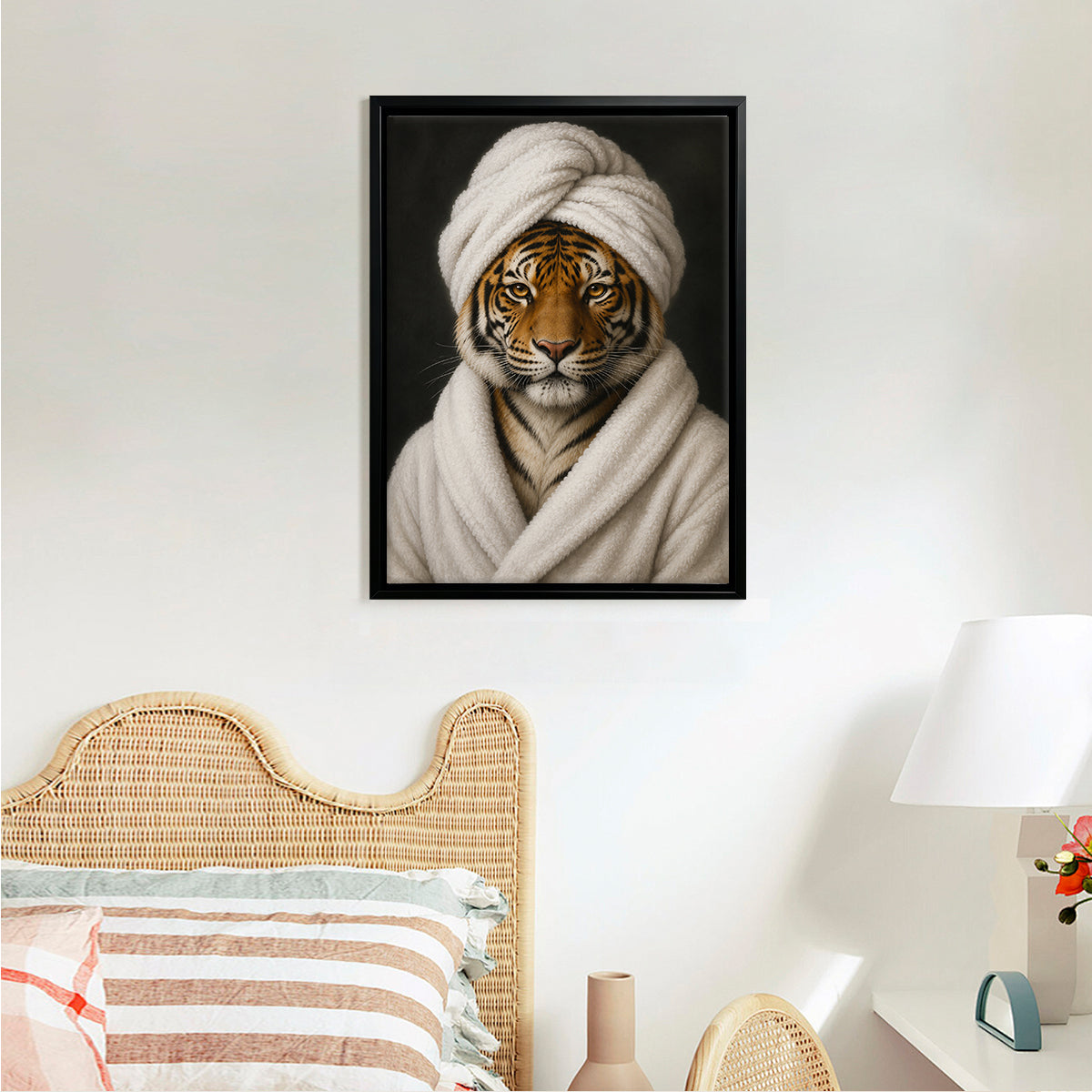 Framed Art Print of a Tiger in a Bathrobe and Turban, Modern Home Decor, High-Quality Canvas
