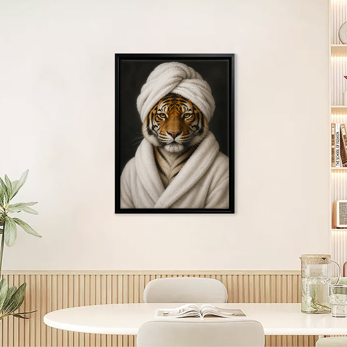 Framed Art Print of a Tiger in a Bathrobe and Turban, Modern Home Decor, High-Quality Canvas