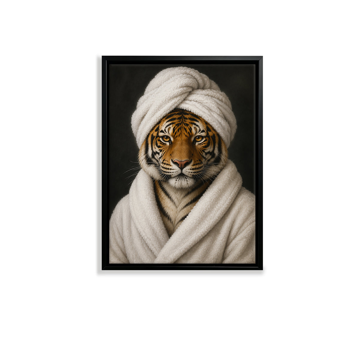 Framed Art Print of a Tiger in a Bathrobe and Turban, Modern Home Decor, High-Quality Canvas