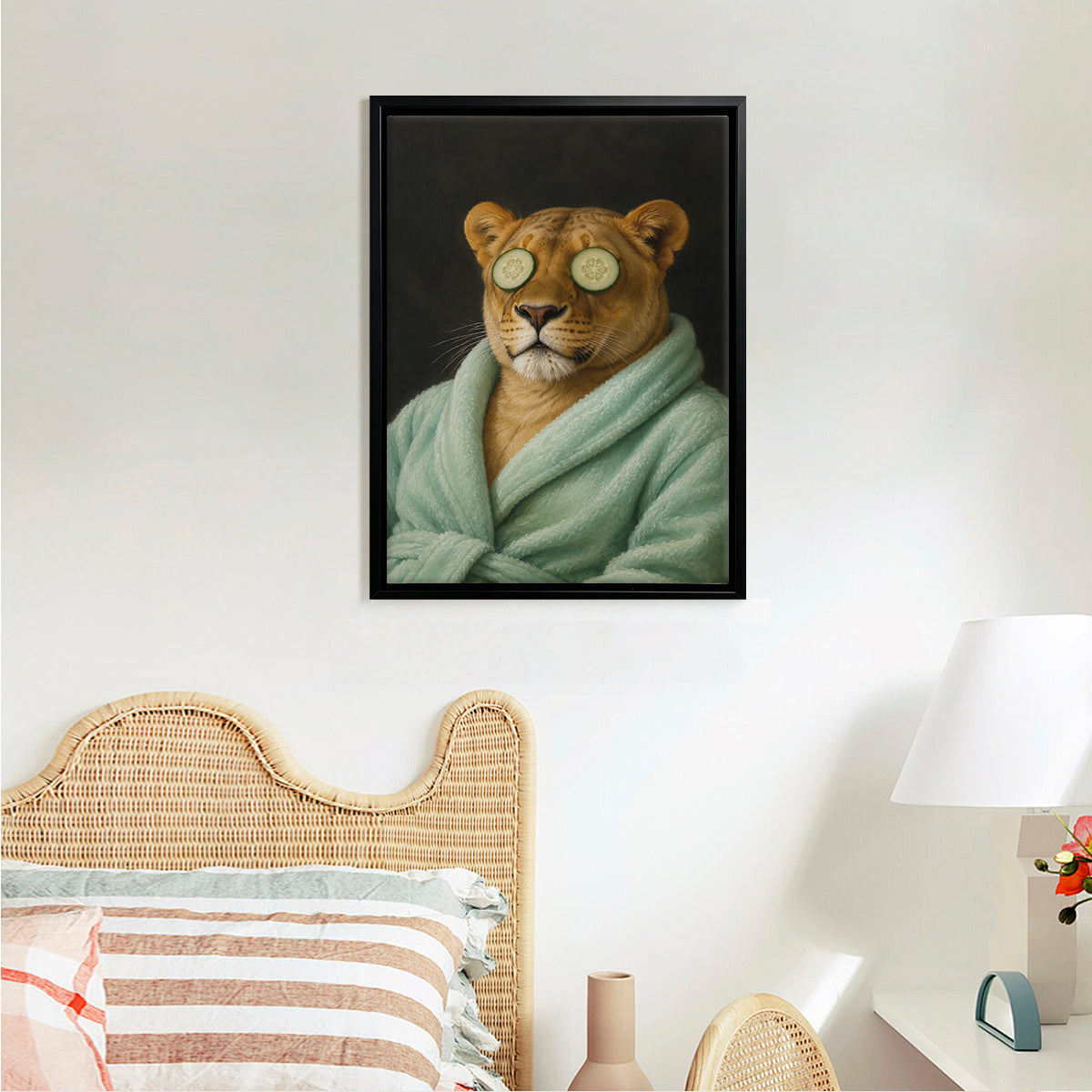 Framed Canvas Art Lion in Spa Robe with Cucumber Eyes Modern Home Decor for Living Room or Bedroom