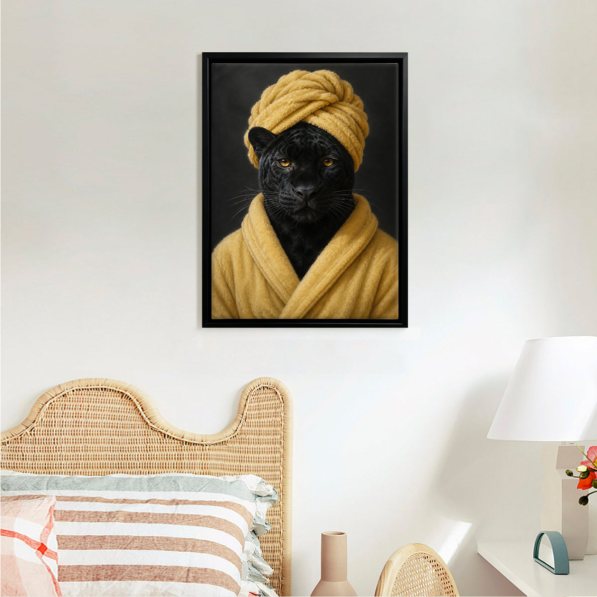 Framed Art Print of a Black Panther in a Yellow Robe and Turban, Modern Home Decor