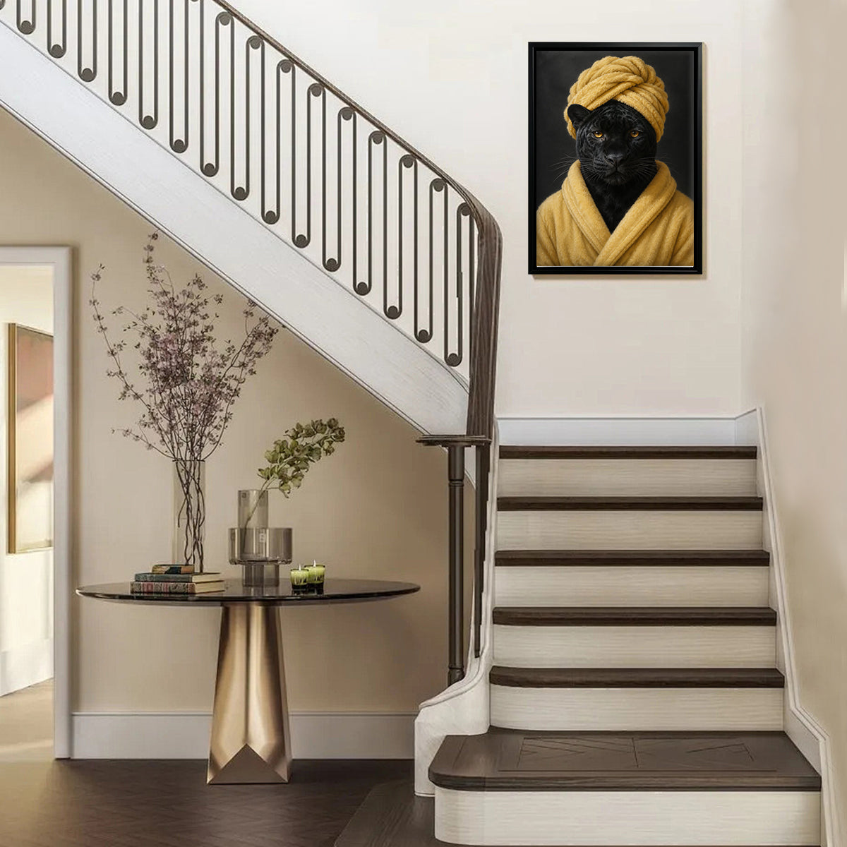Framed Art Print of a Black Panther in a Yellow Robe and Turban, Modern Home Decor