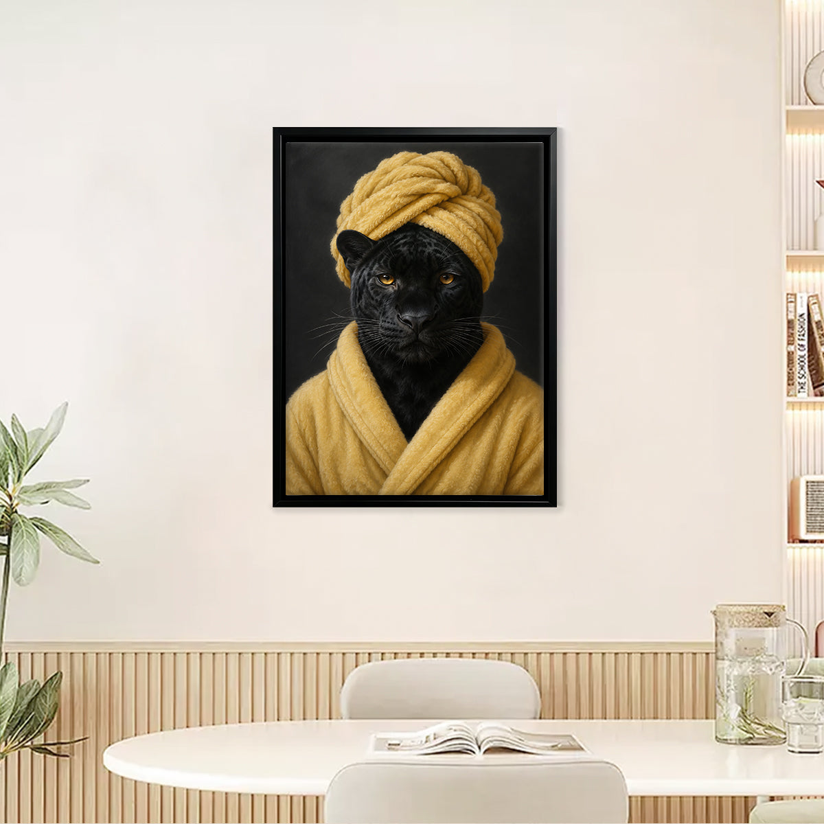 Framed Art Print of a Black Panther in a Yellow Robe and Turban, Modern Home Decor