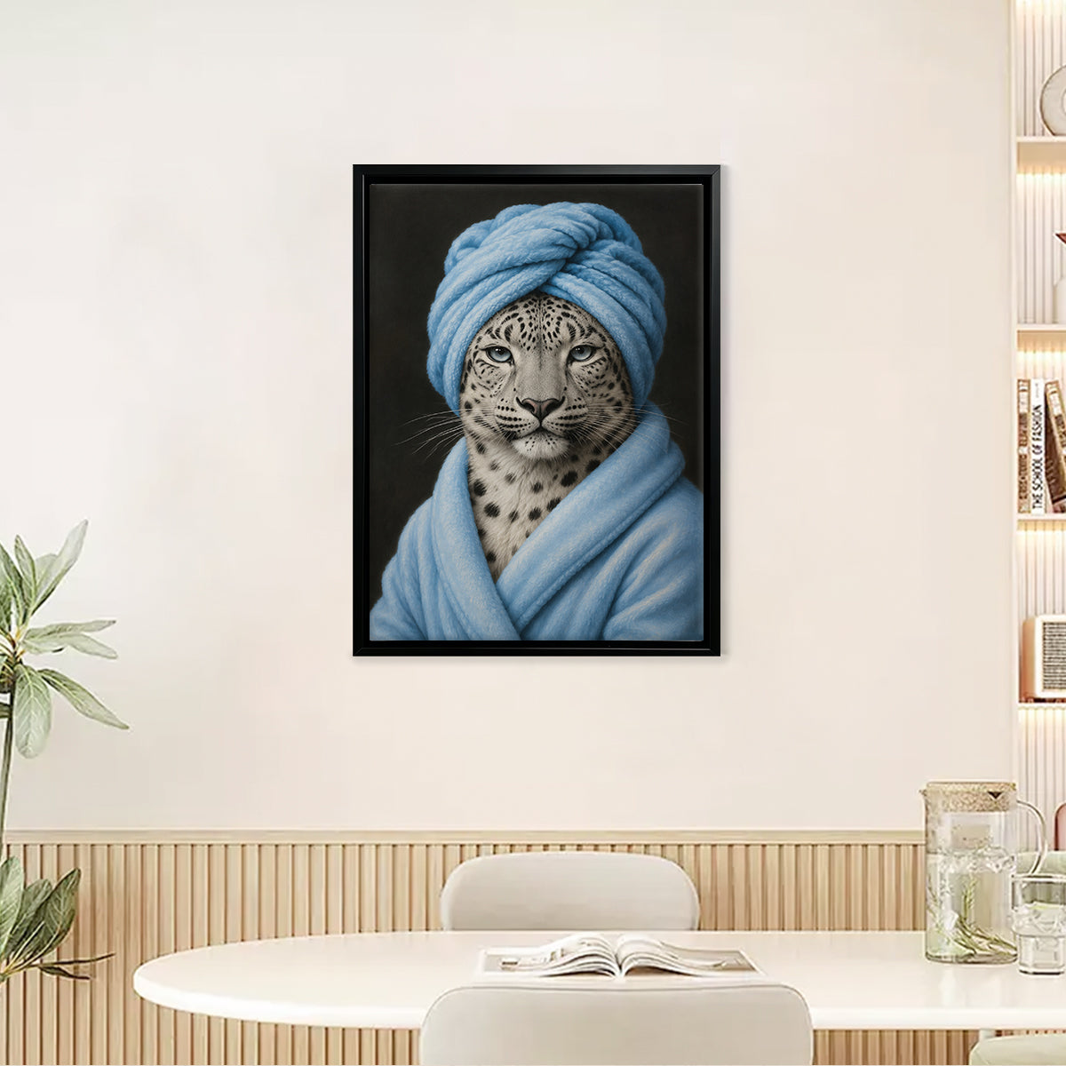 Framed Leopard Portrait Art Print with Blue Towel and Robe, Modern Home Decor