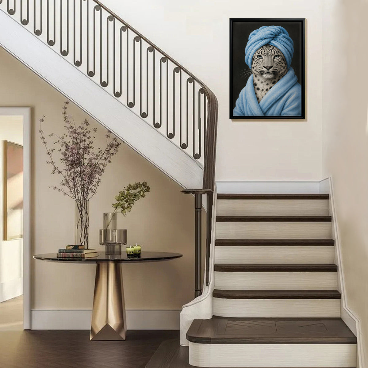 Framed Leopard Portrait Art Print with Blue Towel and Robe, Modern Home Decor