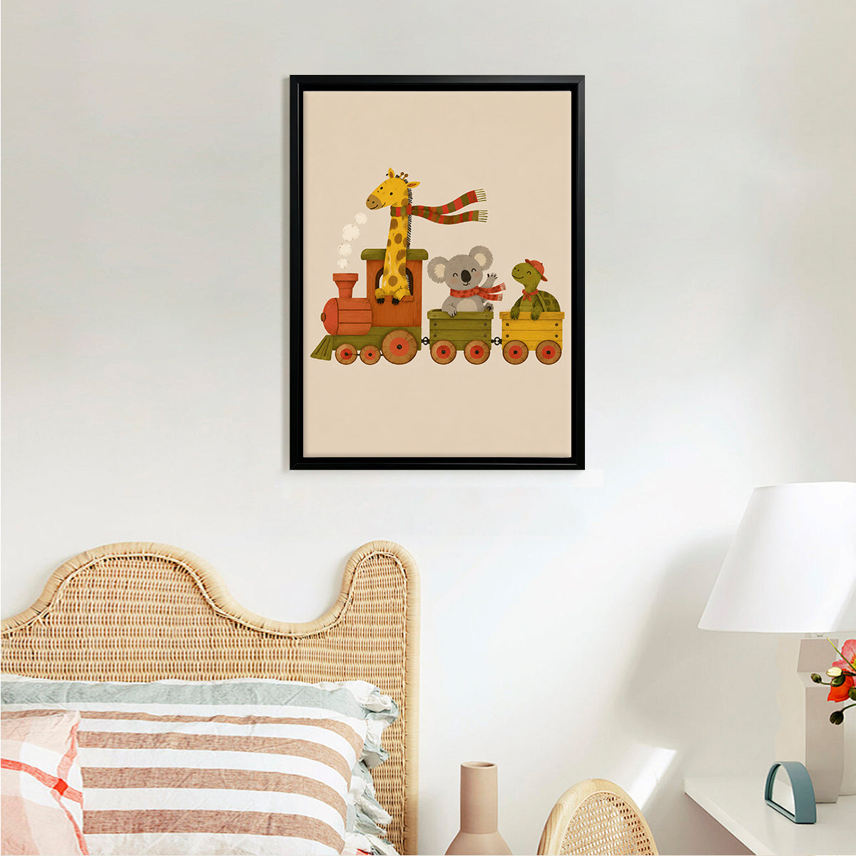 Framed Animal Train Art Print, Whimsical Zoo Pattern, High-Quality Matte Finish, Perfect for Nursery or Kids' Room