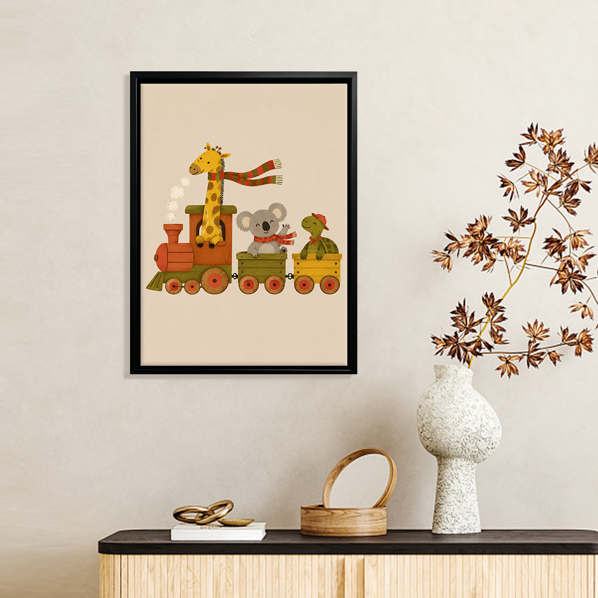Framed Animal Train Art Print, Whimsical Zoo Pattern, High-Quality Matte Finish, Perfect for Nursery or Kids' Room