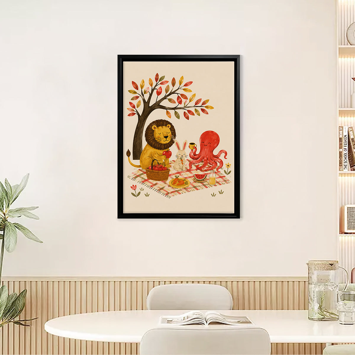 Framed Autumn Picnic Illustration with Lion, Rabbit, and Octopus - Cozy Home Decor