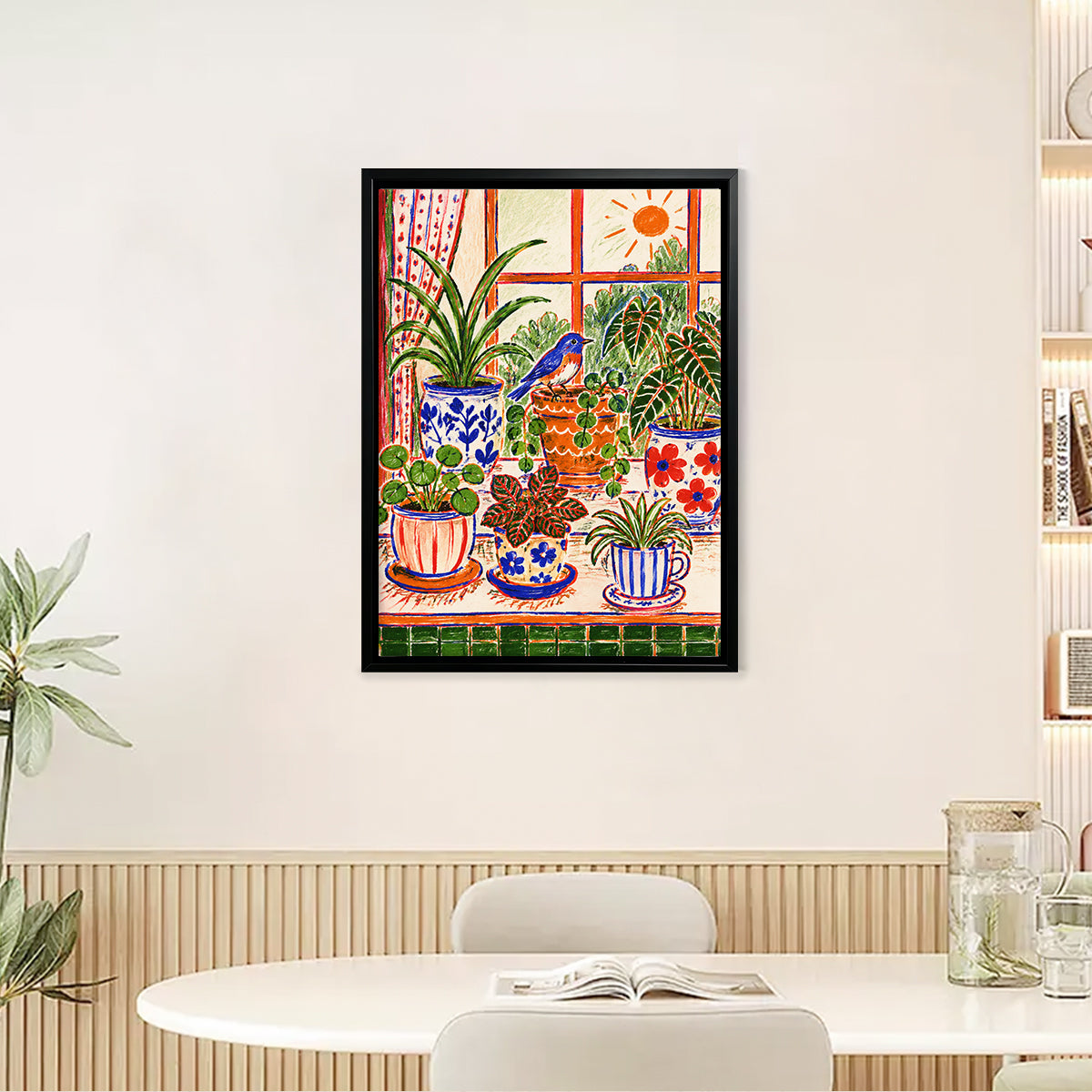 Framed Window Plant Art Print with Bluebird, Vibrant Home Decor for Living Room or Bedroom