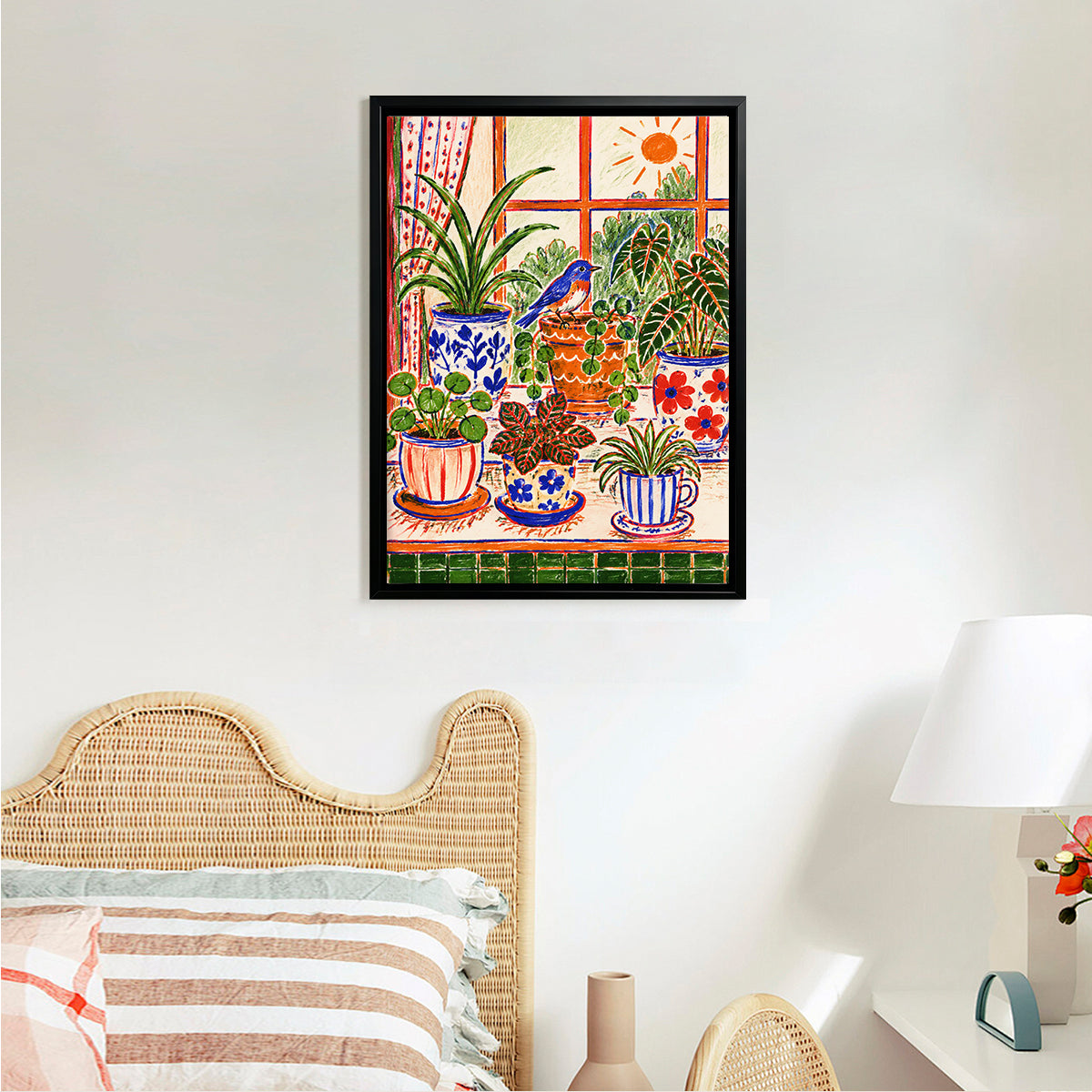 Framed Window Plant Art Print with Bluebird, Vibrant Home Decor for Living Room or Bedroom