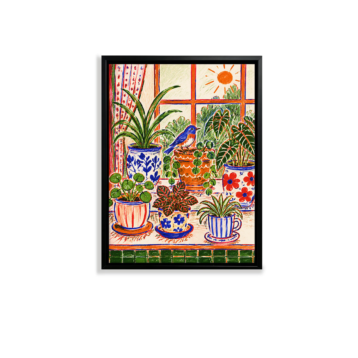 Framed Window Plant Art Print with Bluebird, Vibrant Home Decor for Living Room or Bedroom