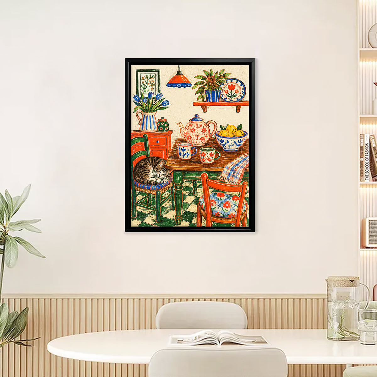 Framed Kitchen Still Life Art Print with Cat, Floral Style, High-Quality Paper, Perfect for Home Decor in New York