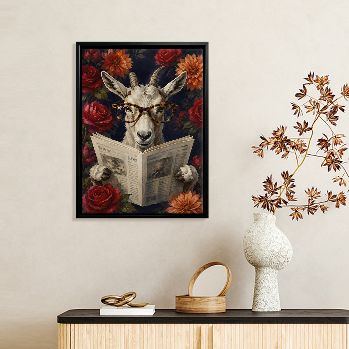 Framed Goat Reading Newspaper Art Print with Floral Background, Vintage Style, High-Quality Canvas for Home Decor