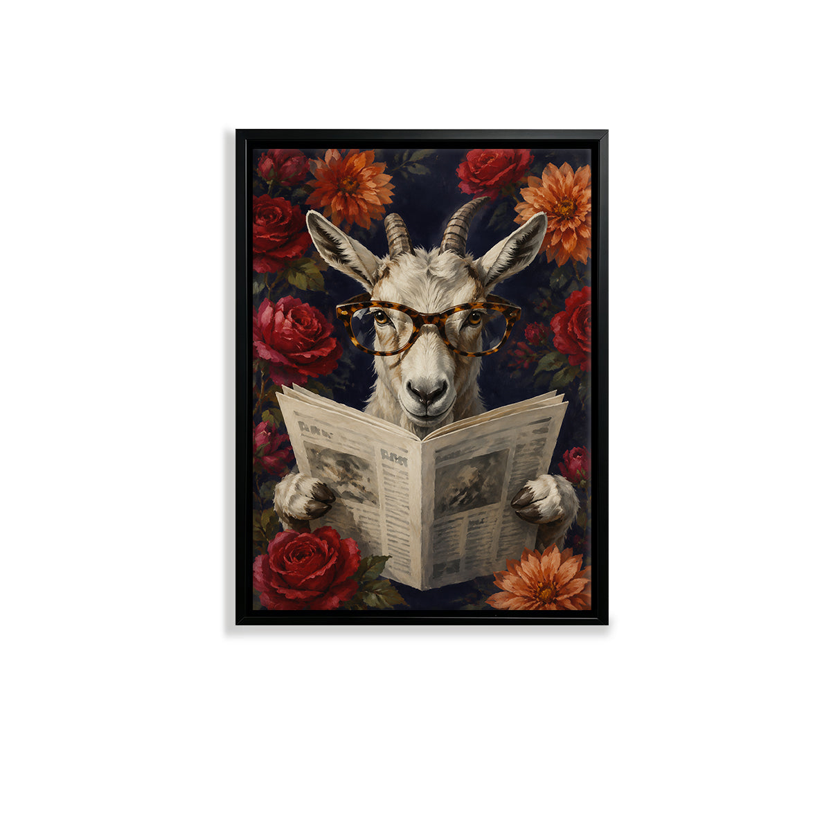 Framed Goat Reading Newspaper Art Print with Floral Background, Vintage Style, High-Quality Canvas for Home Decor