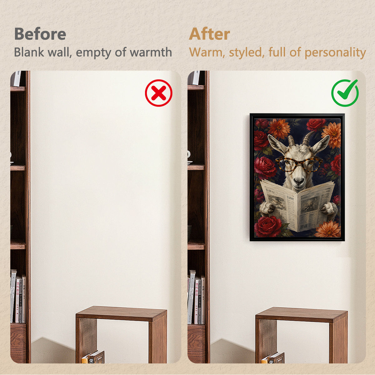 Framed Goat Reading Newspaper Art Print with Floral Background, Vintage Style, High-Quality Canvas for Home Decor